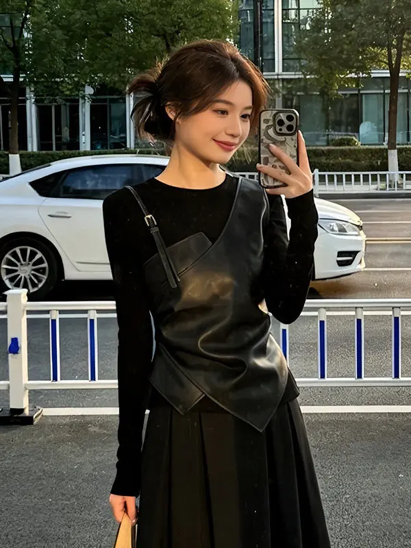 

plus Size Women's Bla PU Leather Knit Top Slimming Waist Design Casual Sle Spring New Arrival Faionable Innerwear