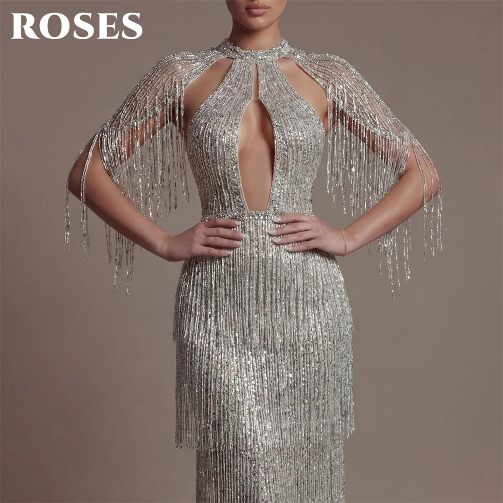 ROSES Sliver Sequin Party Dresses Off the Shoulder Evening Dress with Layered Tassel فساتين السهرة Wrap Hips Cut Out Customized view 4