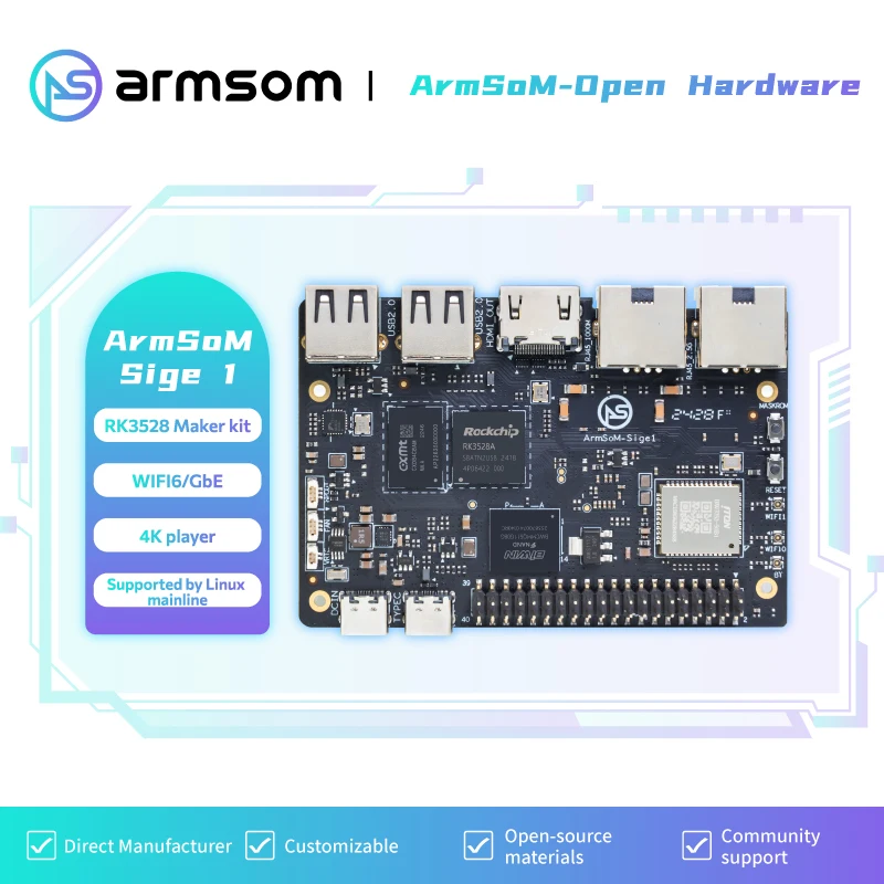 

Одноплатный компьютер ArmSoM-Sige1 RK3528, 2 ГБ LPDDR4X, 8 ГБ eMMC, плата разработки RK3528, WiFi6, Bluetooth, GbE