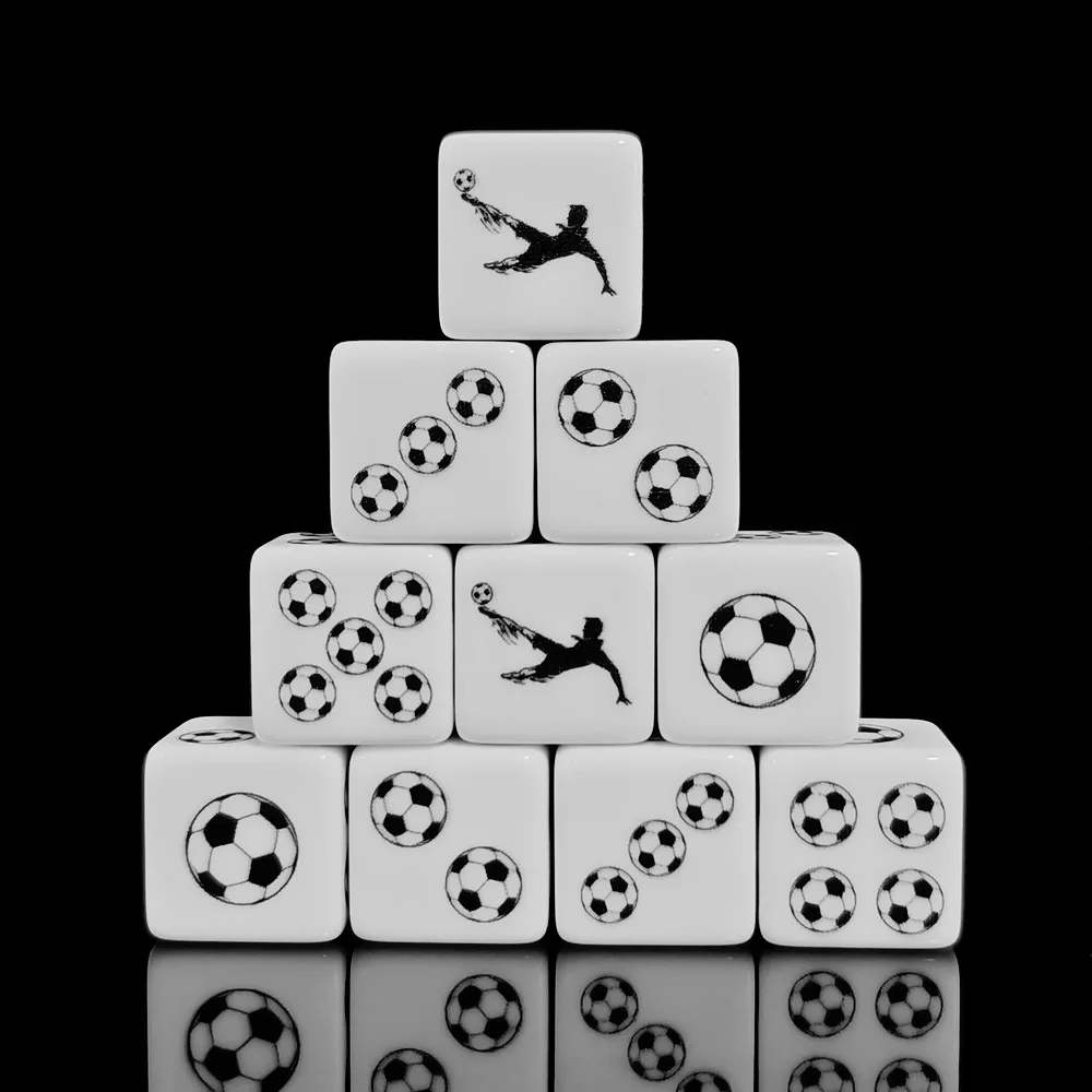 12Pcs 16MM Football Player And Soccer Ball Print White Acrylic D6 Dice 6 Sided Game Dice For Sports Tabletop Board Game Party Ac