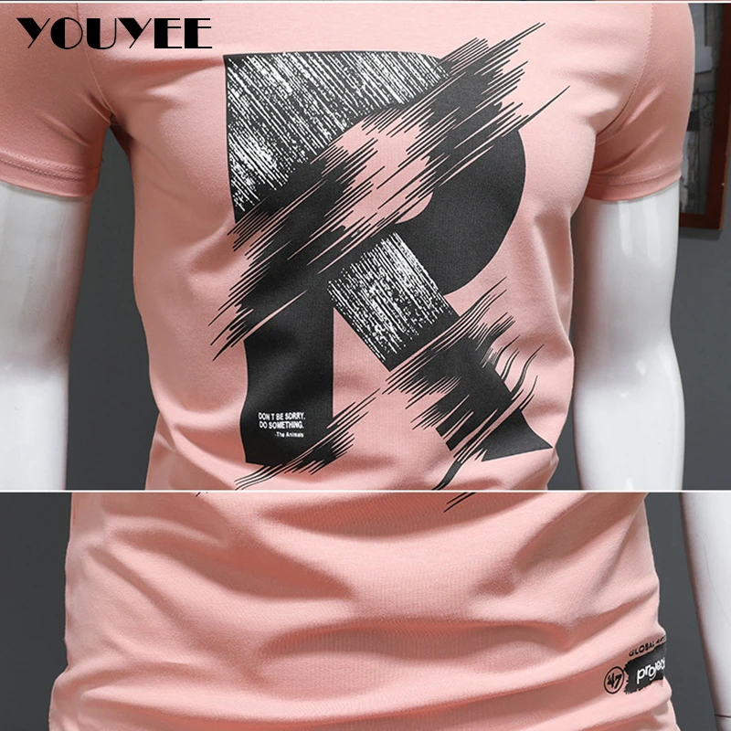 Mens Causal T-shirt Short Sleeve Summer Fashion Alphabet R Print Pink Tees Youth Base Tops O-Neck High Quality Man Clothing M-4X