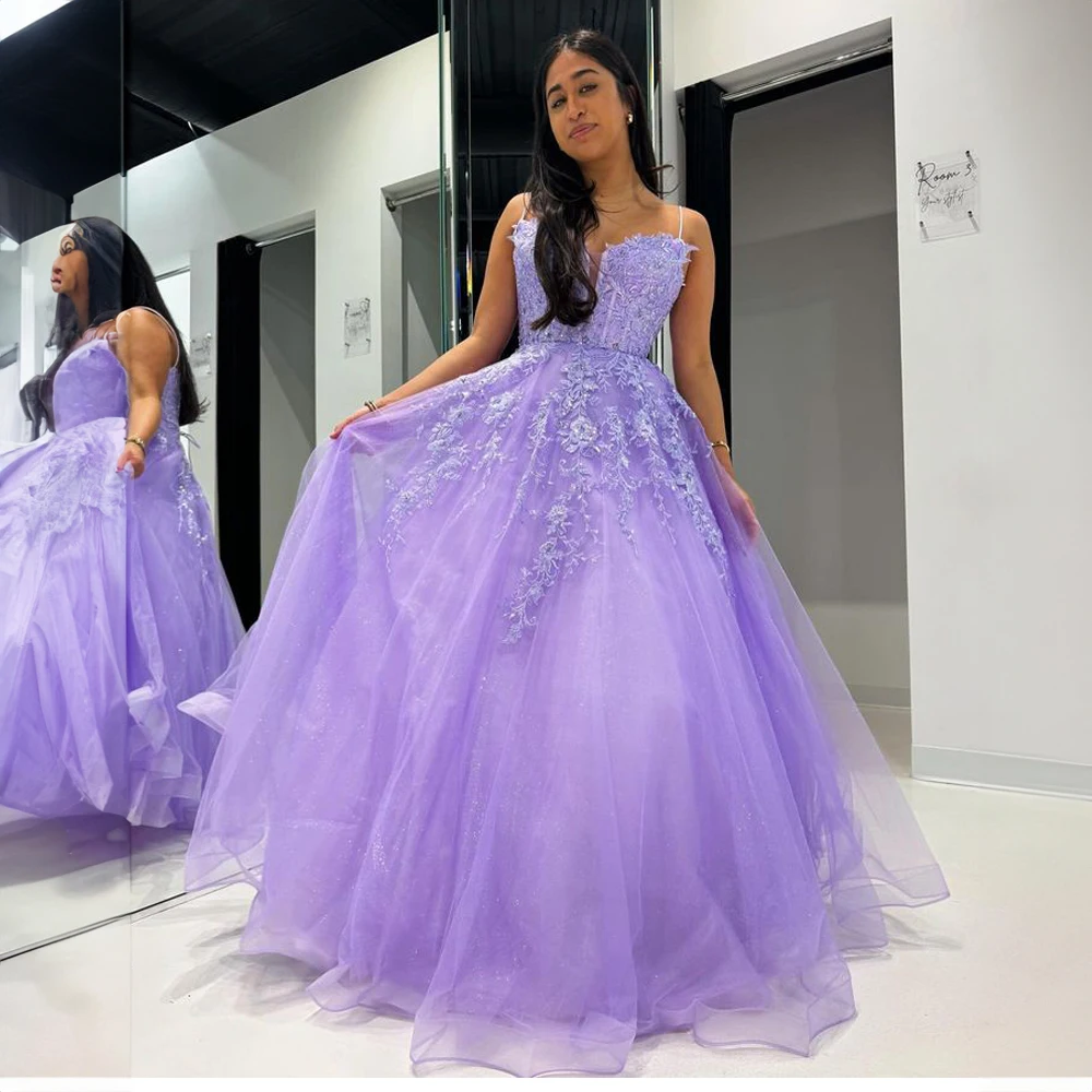 

Elegant Spaghetti Straps Applique Lace Prom Dress for Women A-line Tulle Court Lace up Party Evening Gown robe de mariée