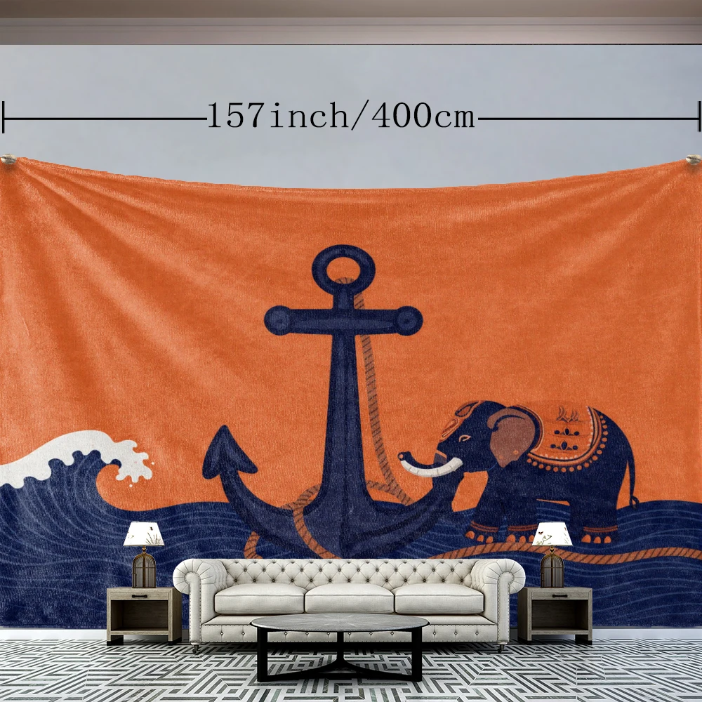 Orange Deep Blue Anchor Elephant Sea Wave Wall Tapestry, Boho Decor