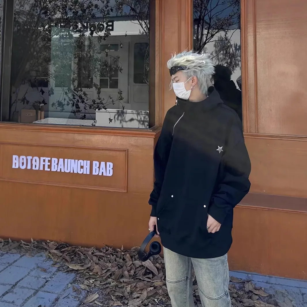 2025 Autumn New Korean Solid Half Zipper Hoodies for Men Winter Fashion Retro Oversized Hoodie Hip Hop Streetwear Sweatshirt Y2k