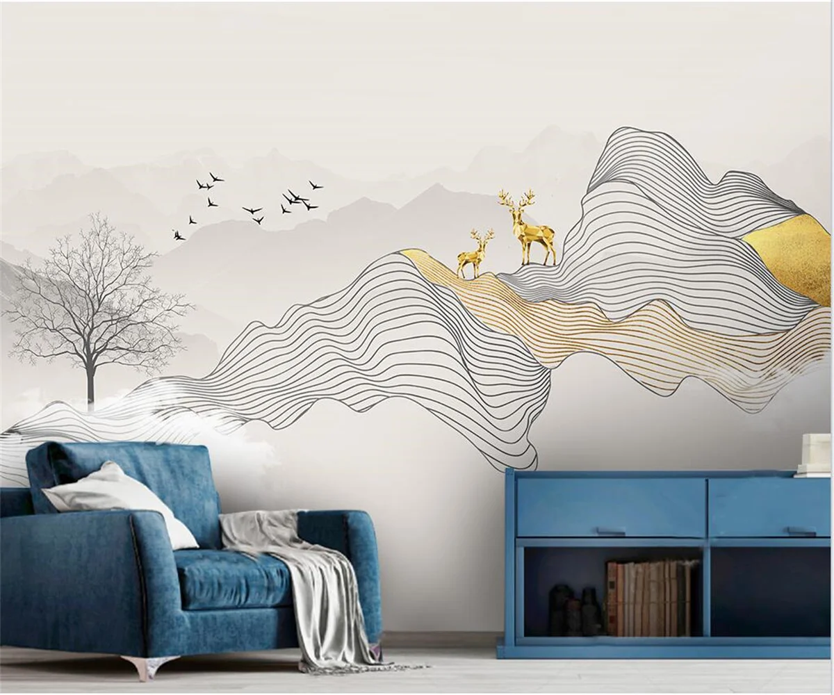 Custom large murals new Chinese abstract ink lines smoke landscape artistic conception elk bedroom background wall 3d wallpaper