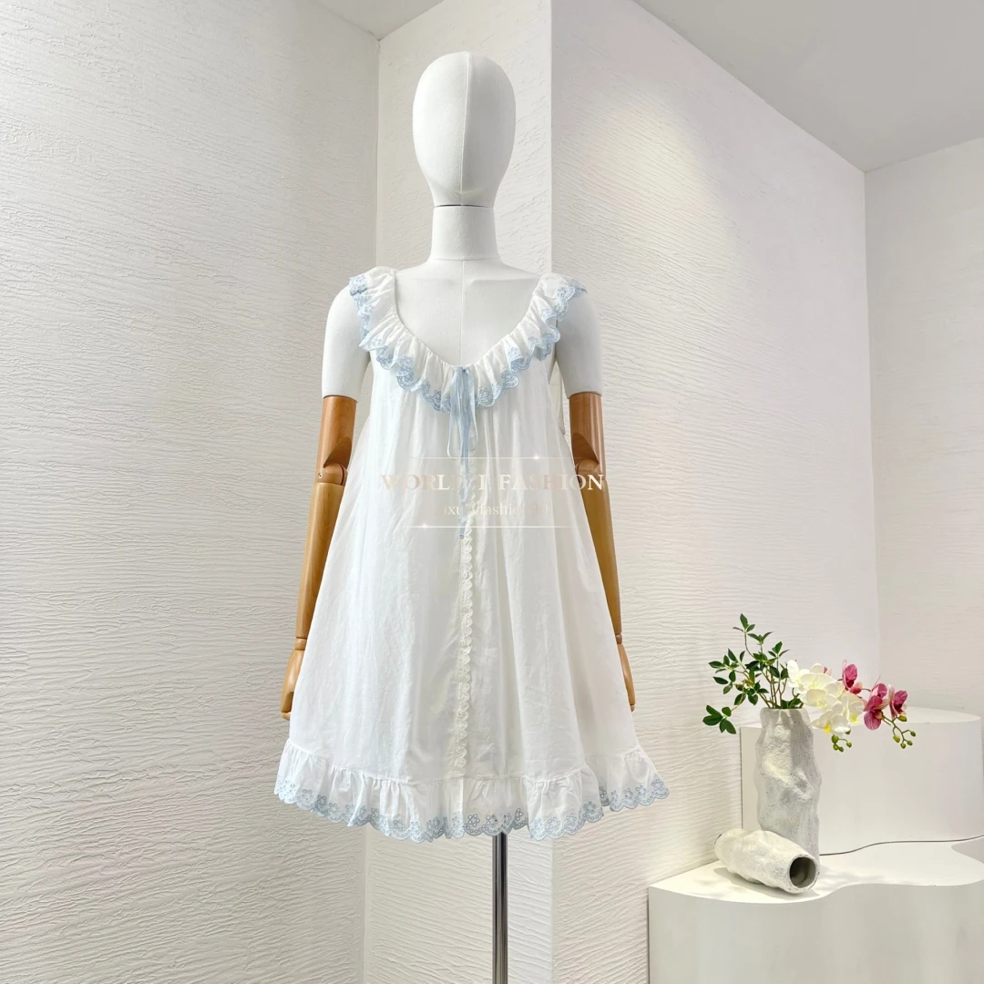 2025 New White Embroidery Sleeveless Ruffles Frilled Mini Dress