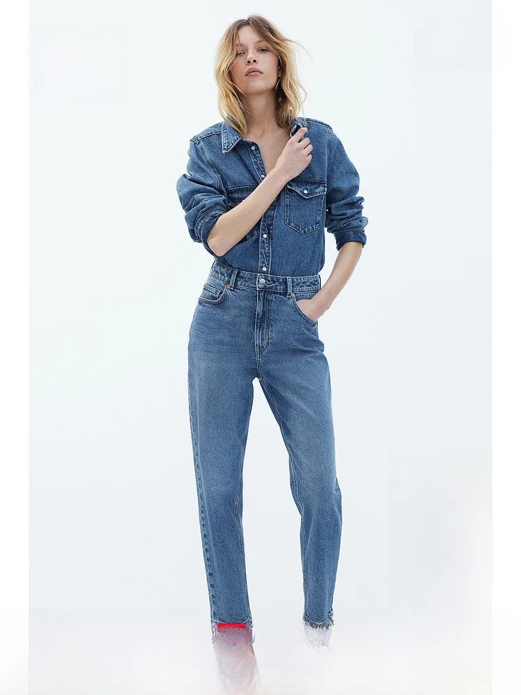 

Женские джинсы H&M с высокой талией, эластичные, повседневные, длиной 7/8, из микроэластичного хлопка, полиэстера и эластана.