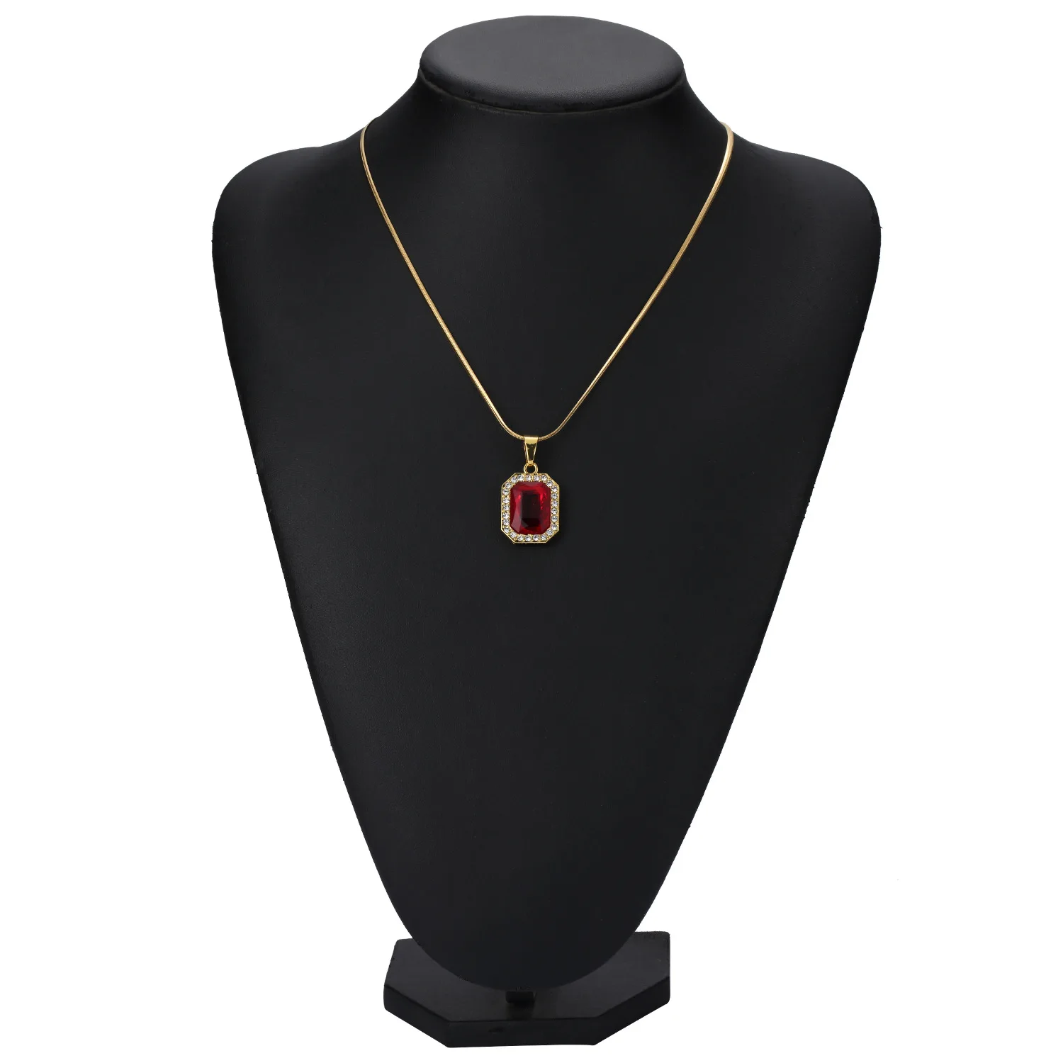 

Iced Out Small Square Red Crystal Pendant Necklace For Men Women Bling Rhinestone Hip hop Jewelry With Snake Chain Drop Shipping