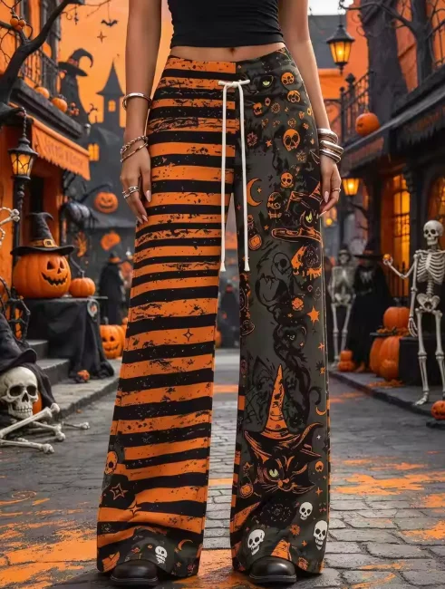 Halloween Asymmetrical Printed Witch Cat Skull Pattern, Retro Dark Atmosphere, Trendy Loose Casual Versatile Pants