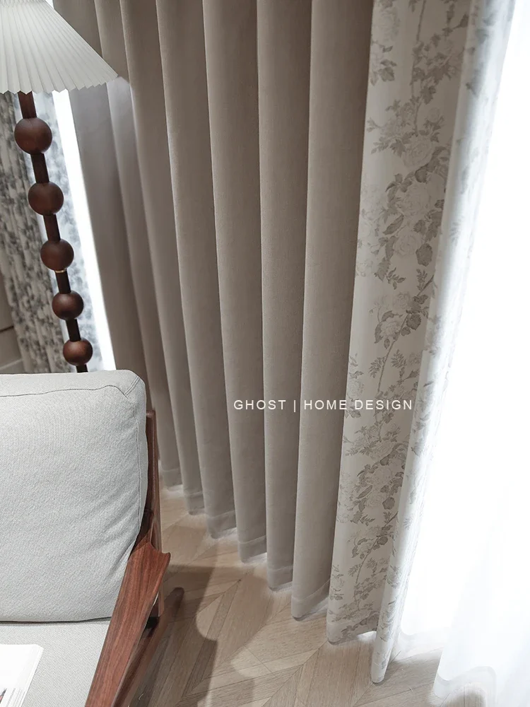 

French Window Bay Window Customized Finished Products New Milk Tea Jacquard Chenille Patched Curtains For Bedroom Living Room