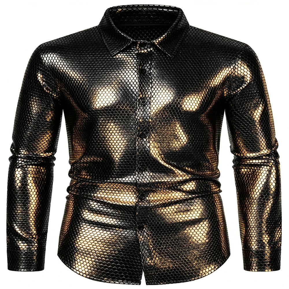 Men Shiny  Snake Print Long Sleeve Shirt Slim Fit Button Down Lapel Blouse Nightclub Disco Party Stage Performance Costume Homme