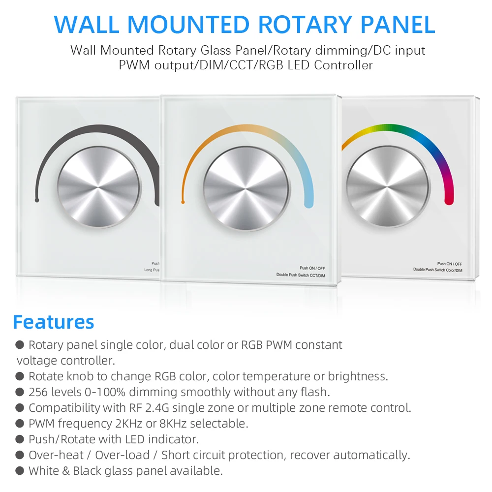 Rotary Touch Glass Panel LED Dimmer 12V 24V 48V Controler for Single Dual Color Dimming CCT RGB LED Strip EU Glass Wall Panel