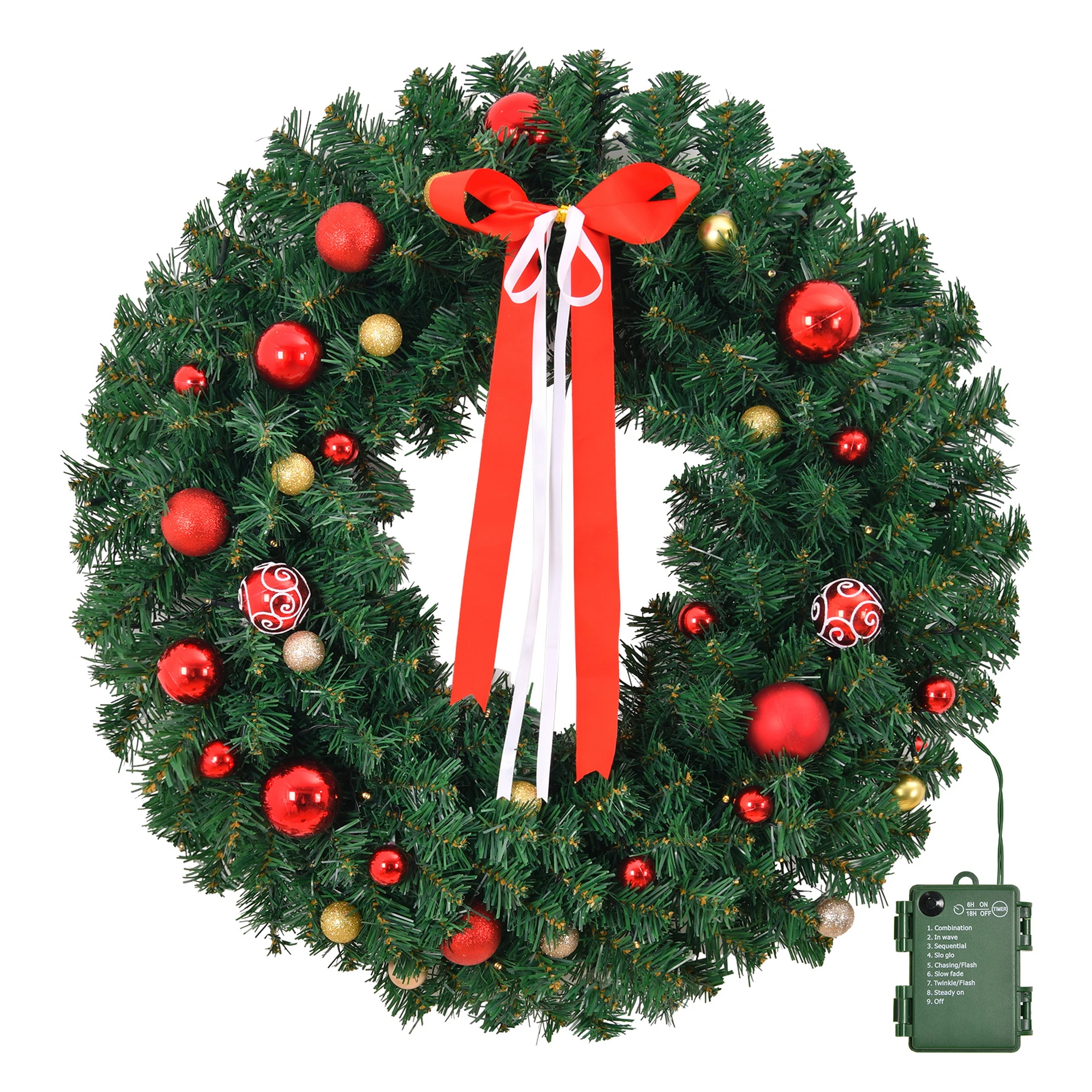 24in Pre-lit Battery Powered Christmas Wreath, Lighted Artificial Xmas Wreath with 50 Warm Lights