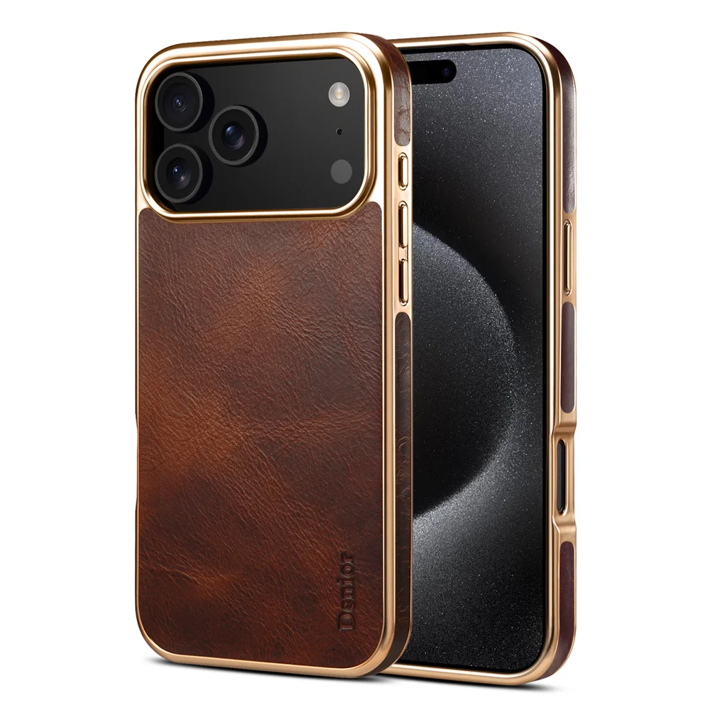 

Denior Luxury Oil Wax Texture Genuine Leather Case for iPhone 17 Pro Max 12 13 Pro 14 15 16 Plus Plating Soft Bumpler Back Cover