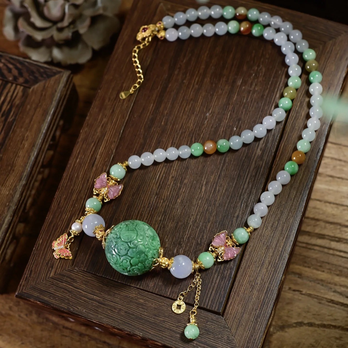 Natural A-grade Carved Hydrangea Dry Green Jadeite Short Necklace, Tri-color Round Beads, 925 Silver Gilded, Chinese Jewelry