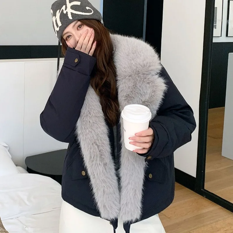 2026 Fashion Long Fur Collar Cotton-padded Jacket Women's Winter Short Parkas Thicken Wide Lapel Loose Coats Quilted Outerwear
