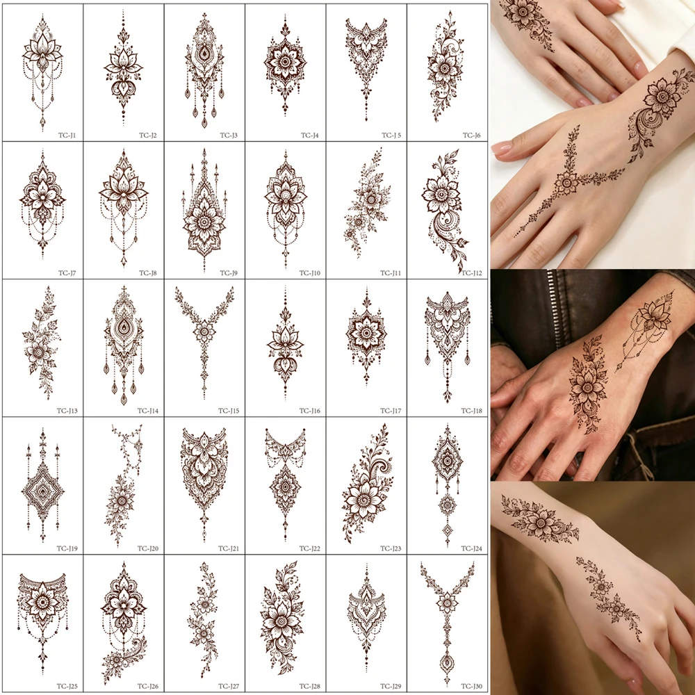 

30pcs Small Size Brown Henna Tattoo Stickers Waterproof Black Mini Lotus Temporary Tattoos for Hand Finger Fake Tattoo for Women