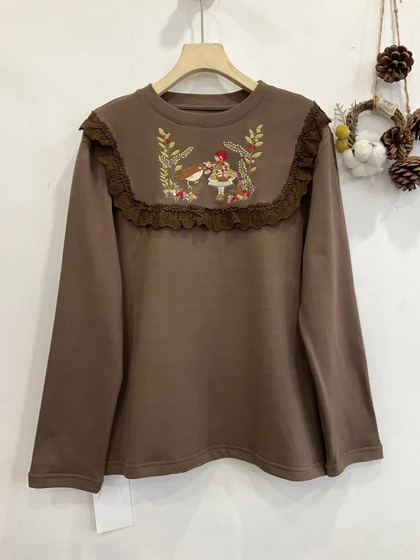 Mori girl kei cartoon girl bird embroidery winter long sleeve t shirt for women pullover winter Korean style women's clothing