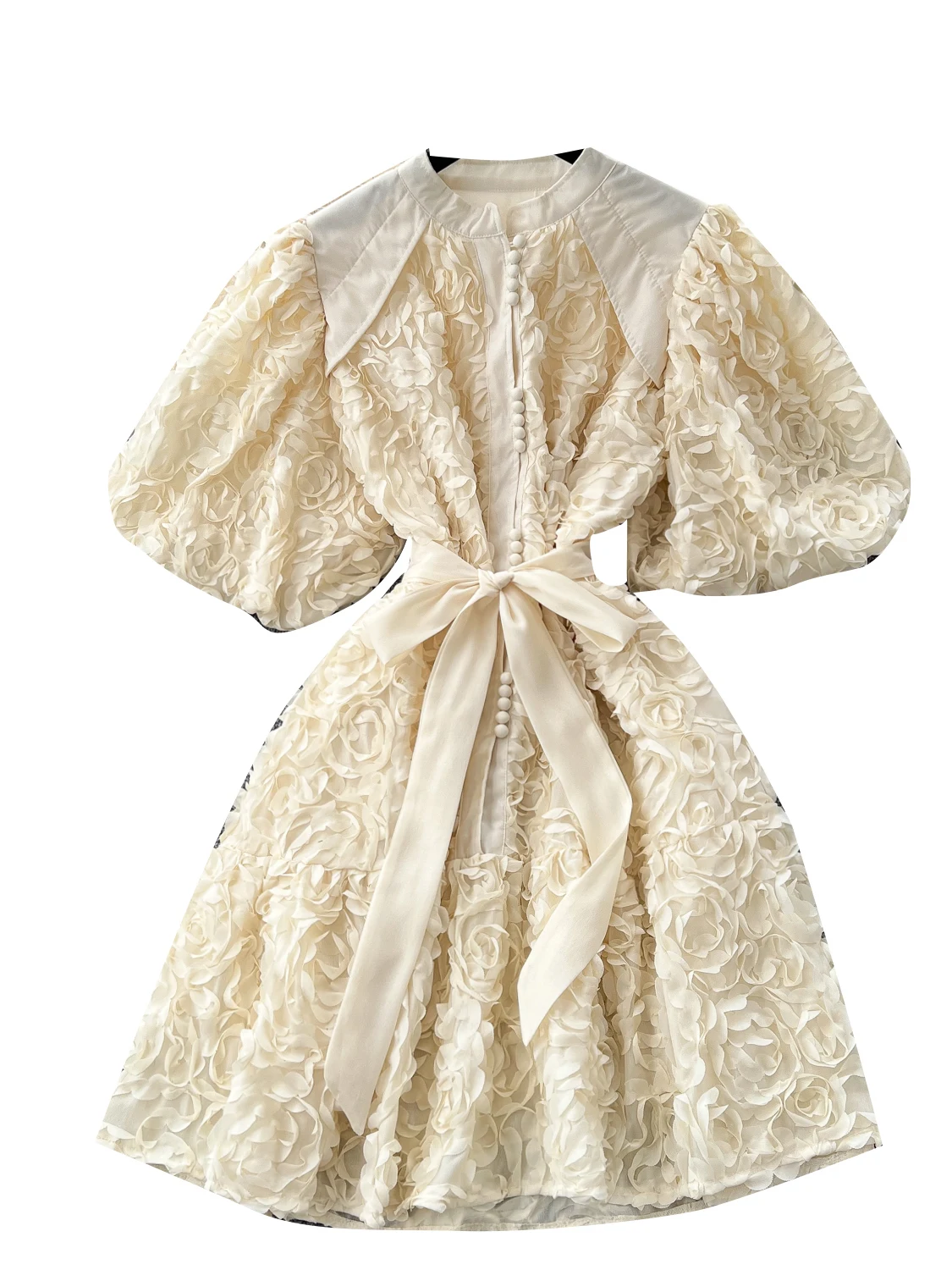 เดรสทรงเอเอวสูงสำหรับผู้หญิง กระดุมเดี่ยว แขนทรงกระบอก ปักลายดอกไม้ 3 มิติ ผูกเอว สไตล์เกาหลี สำหรับฤดูร้อน