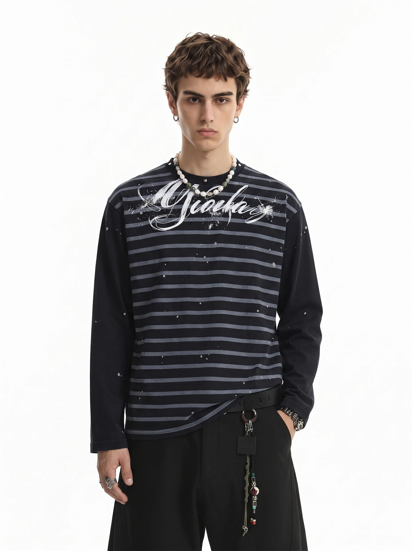 BETEBULE American Retro Splashed Ink Letter Print Striped Long Sleeve Men's T-shirt Casual Loose Top for Autumn Season