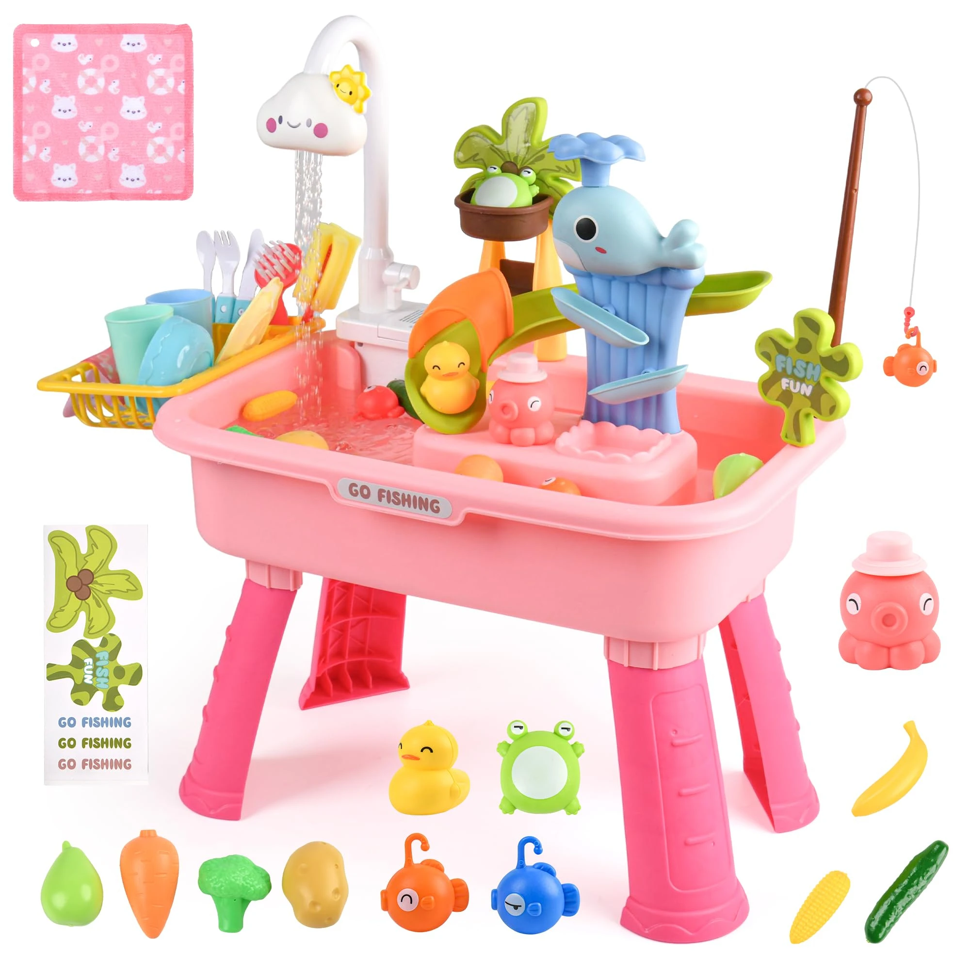 Kitchen Play Sink Toys with Running Water Electric Dishwasher Playing Toy with Animals