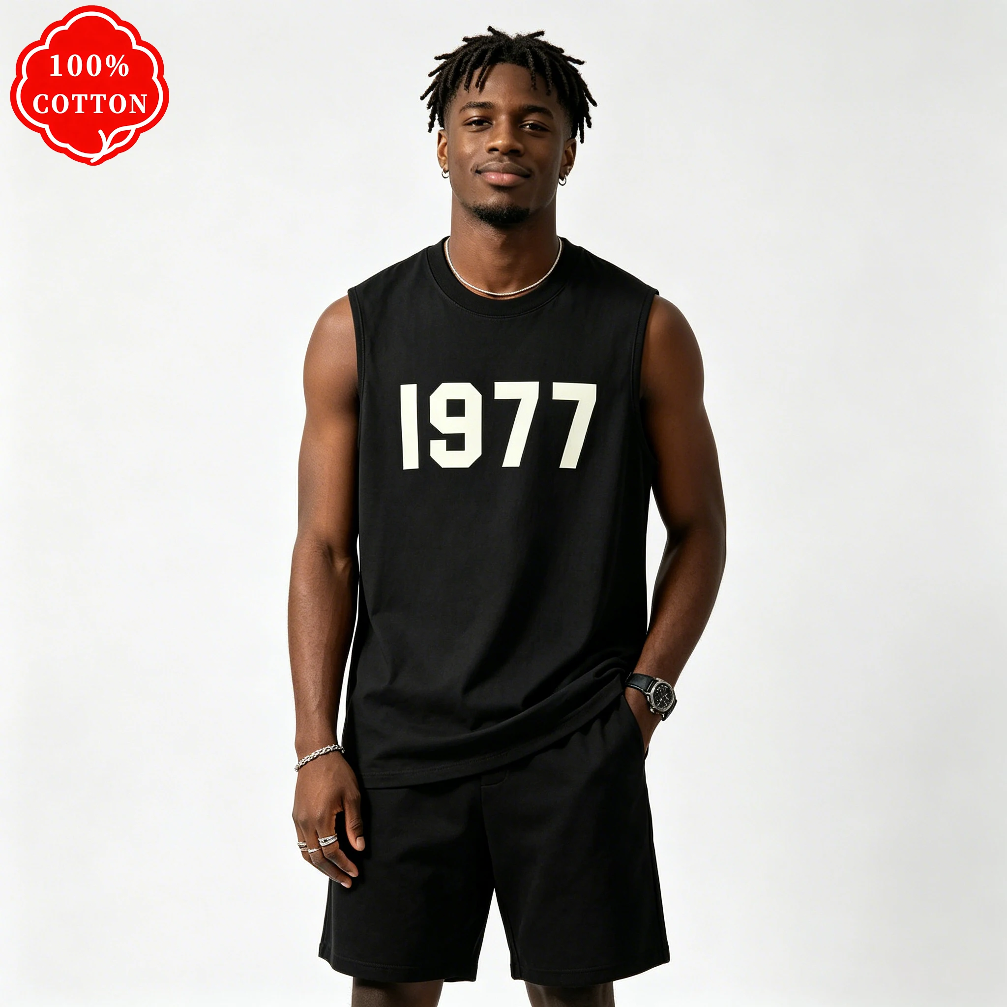 100% cotton men's summer vest is loose-fitting, featuring 1977 patterned print on a round neck and sleeveless design - T56 view 4