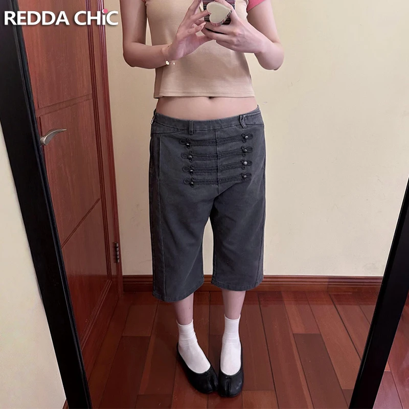 ReddaChic Pantalones Capri Estilo Napoleón para Mujer, Gris Vintage, de Talle Bajo, Pierna Ancha, Rectos, Tipo Cargo, Shorts de Mezclilla Bermuda, Ropa Urbana de Moda