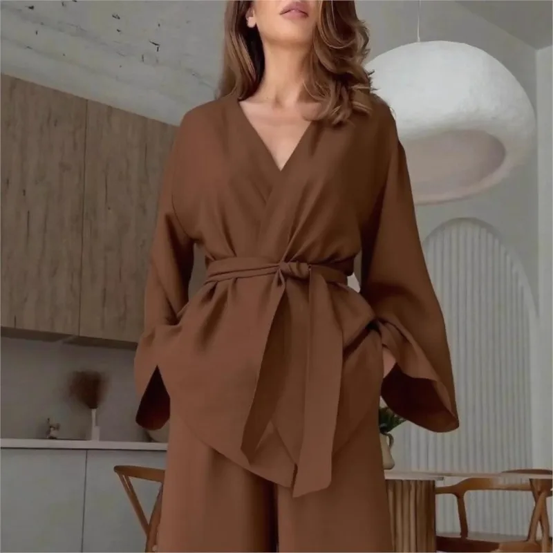

Autumn Winter Fashionable Elegant Sexy V-neck Tied Waist Long Sleeved Shirt+loose Wide Leg Pants Set Conjunto Dos Piezas Mujer