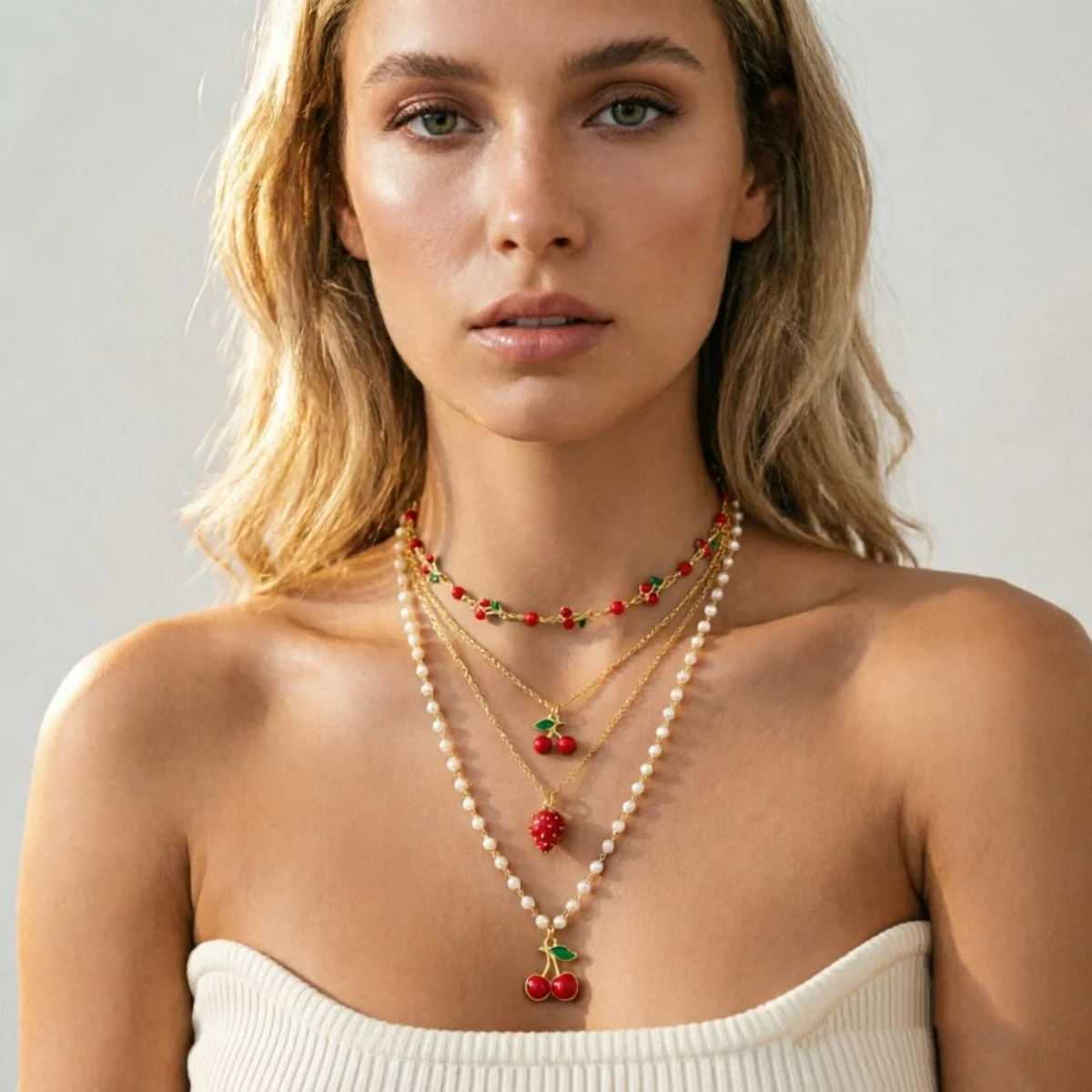 Rote Kirsche Erdbeer-Simulationsperlen-Halskette für Damen und Herren, mehrschichtig, Keramikblume, Schleife, Herz, Baum, Choker, Hochzeitsschmuck – Detail 17