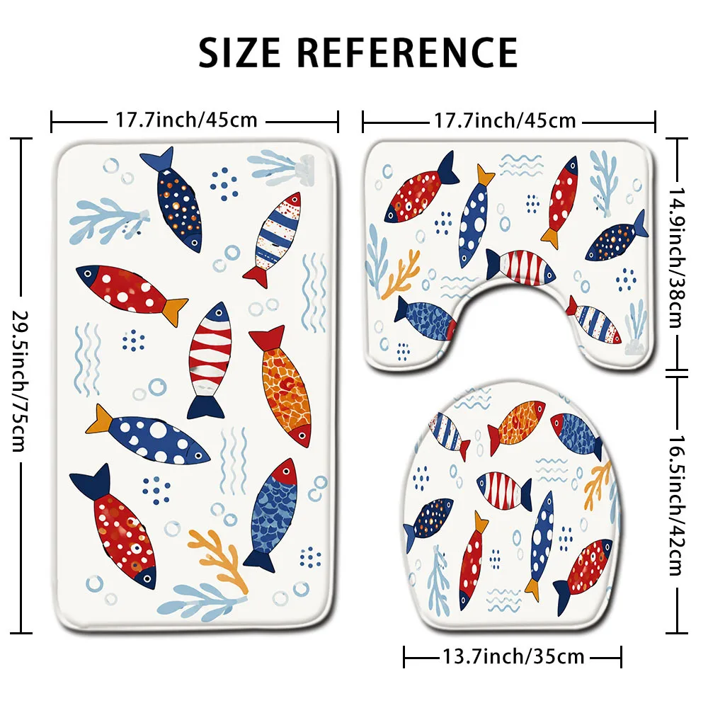 Cute Nautical Mermaid Sea Life Bath Mat Set 3 Piece Bathroom Decor Rugs for Kids and Family Bathroom
