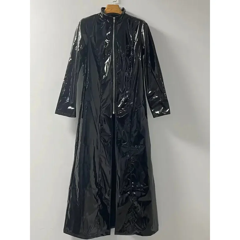 Abrigo largo de piel sintética Matrix para hombre y mujer, gabardina de látex Wetlook, disfraz de Cosplay con cremallera, manga larga ajustada y J1