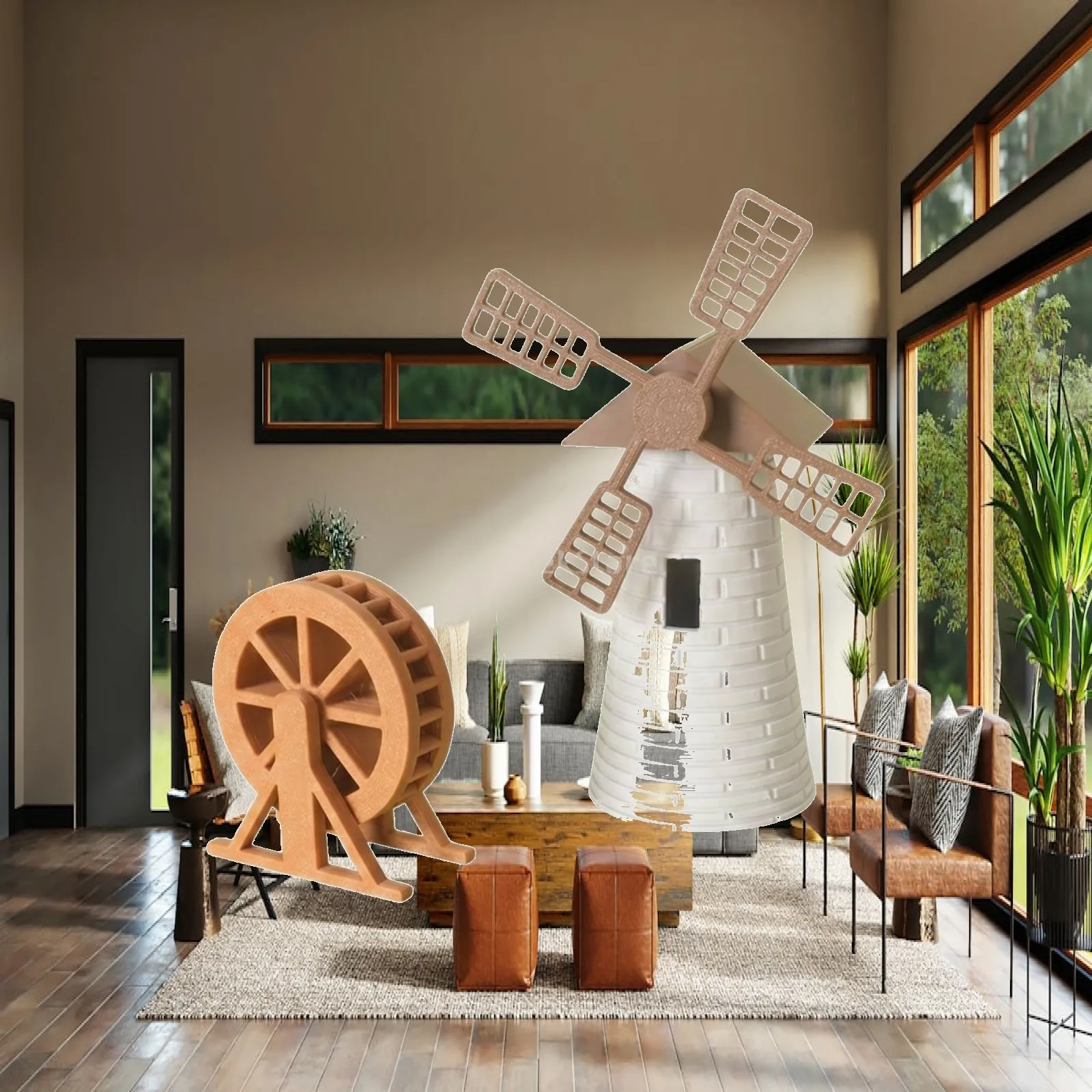 Mini Landscape Windmill Waterwheel Scenery Accessory Kit Plastic Tabletop Diorama Decoration for Home Office