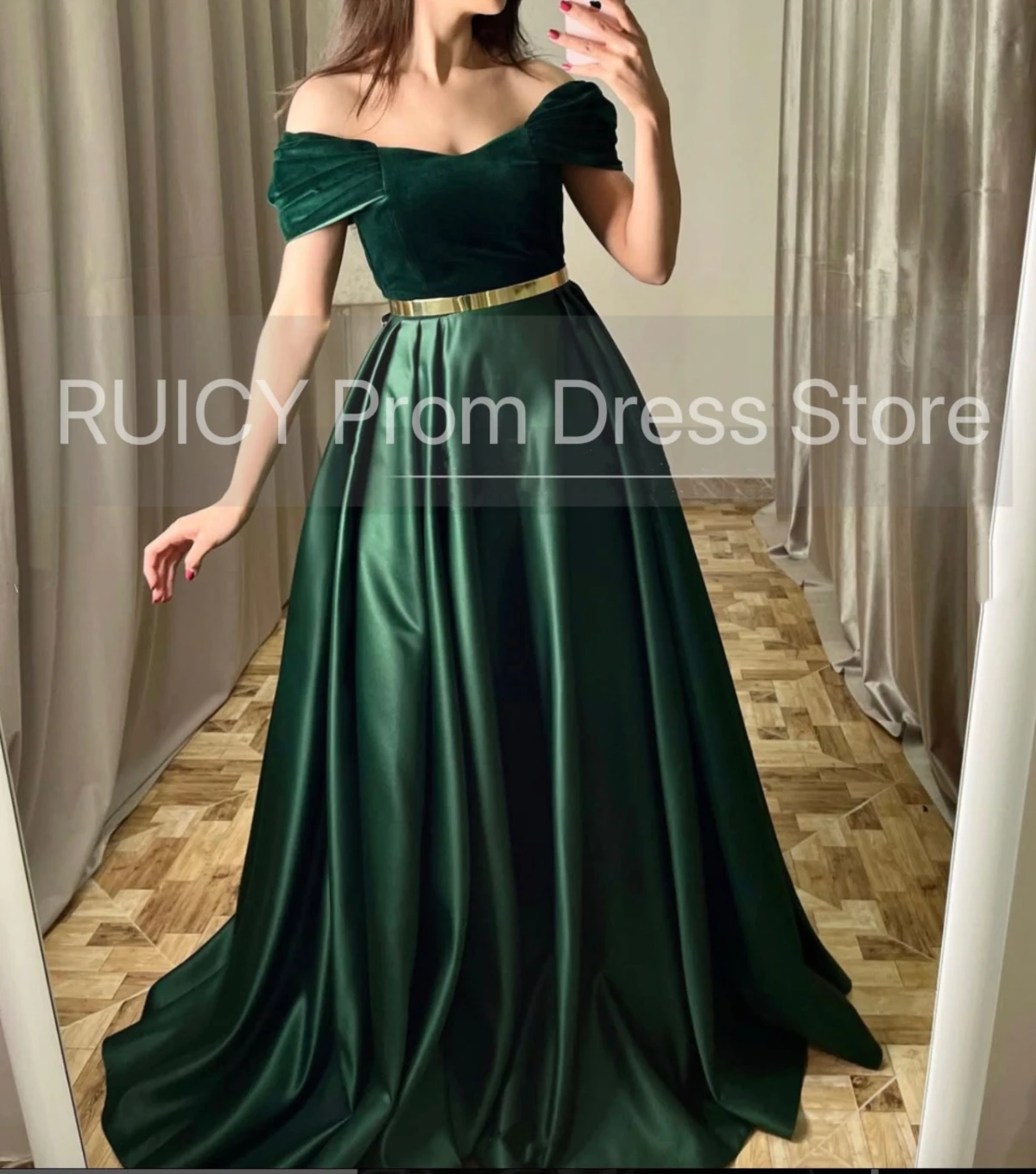 2025 Emerald Green Evening Dresses Gold Belt Off-the-shoulder Satin Velvet A-line Wedding Party Dress Formal vestidos de fiesta