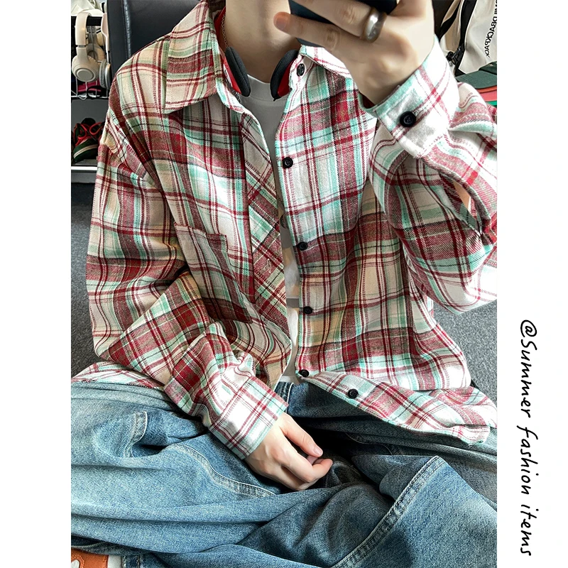 Autumn Long Sleeved Shirt Men Oversized Fashion Retro Casual Shirt Men Streetwear Korean Loose Plaid Shirt Mens Vintage Shirts