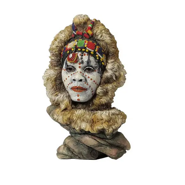 African Tribal Ritual Woman Bust Statue with Traditional Face Paint Beaded Headdress Fur Collar Bust Ornament Home Decoration