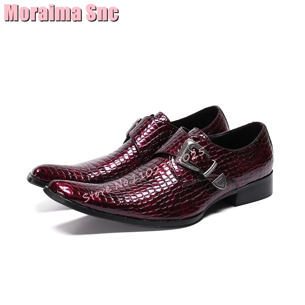 

Burgundy Pointed Toe Belt Buckle Casual Shoes Solid Block Mid Heeled Slip On Genuine Leather Retro Men‘s Loafers 2024 Newest