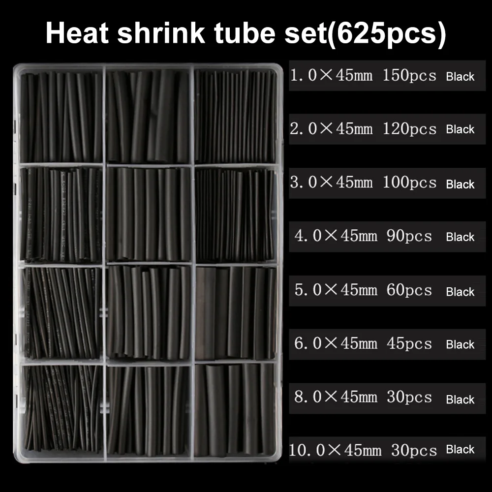 625PCS Black Heat Shrink Tubing, 2:1 Shrink Ratio Polyolefin Heat Shrink Tubing Assortment