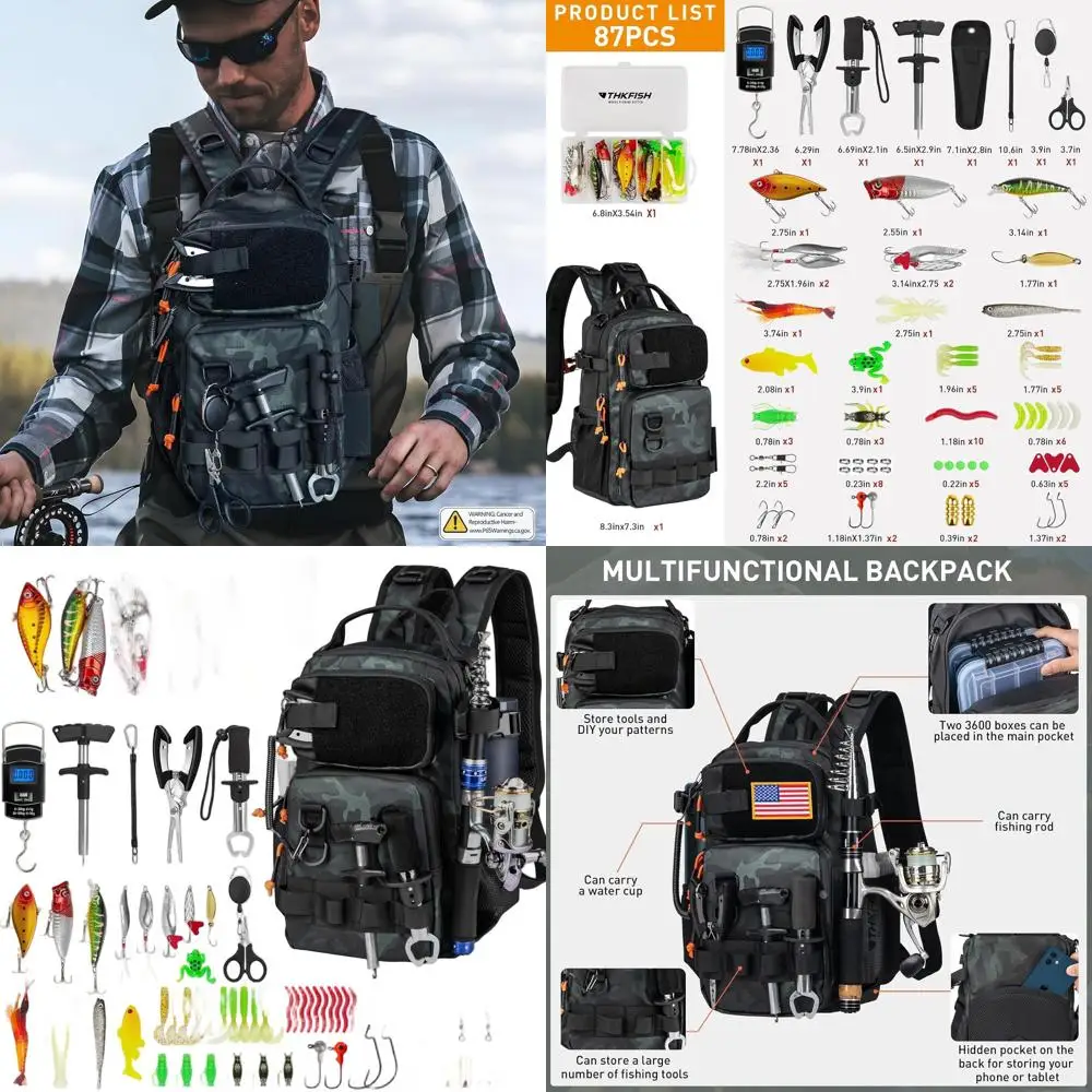 

Рыболовный рюкзак с камуфляжным принтом, держателем для удочки, набором инструментов, водонепроницаемой сумкой для приманок, коробкой для снастей и набором плоскогубцев для мужчин и женщин (87 предметов)