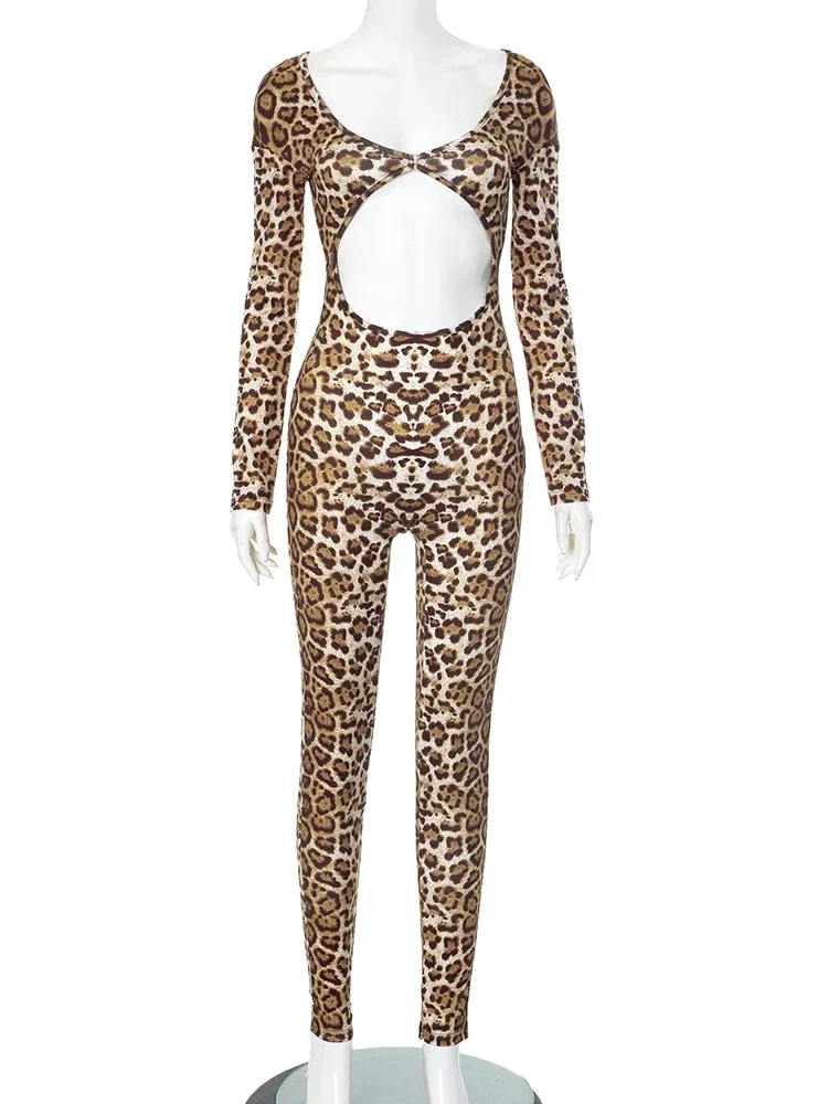 UOSU Leopard Print Jumpsuit Women Wild Hollow Low-Neck Sexy Skinny Full Sleeve Peach Hip Midnight Party Overalls Clubwear