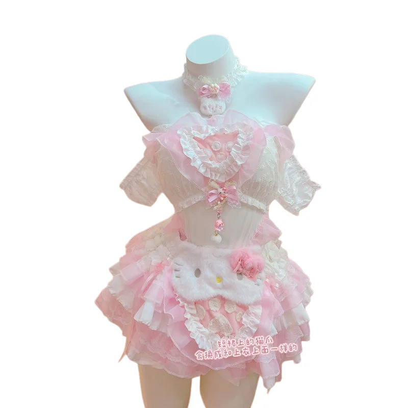 

Платье HelloKitty в стиле сладкой Лолиты для косплея, милое кружевное платье принцессы с бантом и тюлевой юбкой, элегантный повседневный костюм для женщин