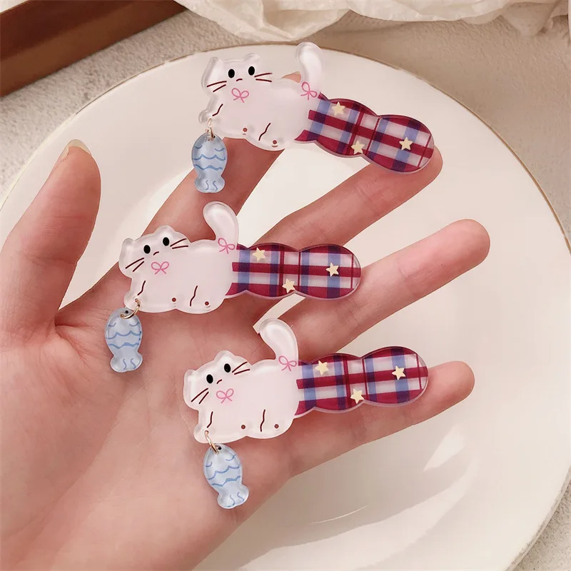 

Red and Blue Plaid Cute Kitten Fishing Hairpin Girl Simple Personality Cat Small Fish Star Bangs Clip Hair Accessories