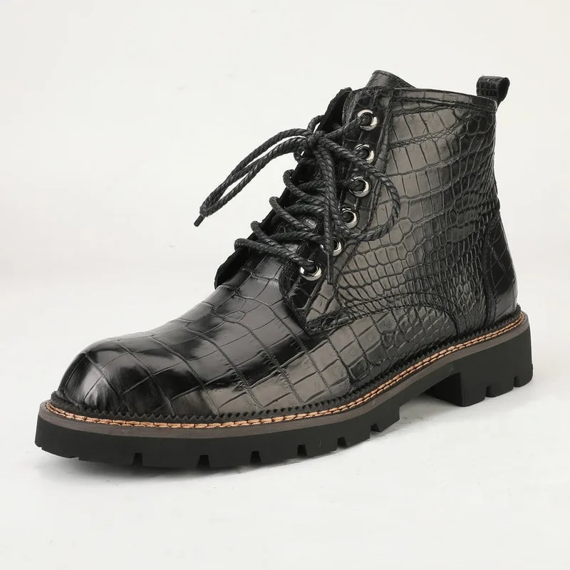 

New Men Winter Boots Crocodile Leather Men's Thick Motorcycle Work Genuine Boots Medium Trendy Shoes British Black Leather Boots