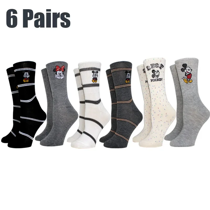 

6 Pairs Casual New Women Cartton Socks Middle Tube Socks Super Cute Mickey Socks Happy Funny Women's Socks Size 35-40