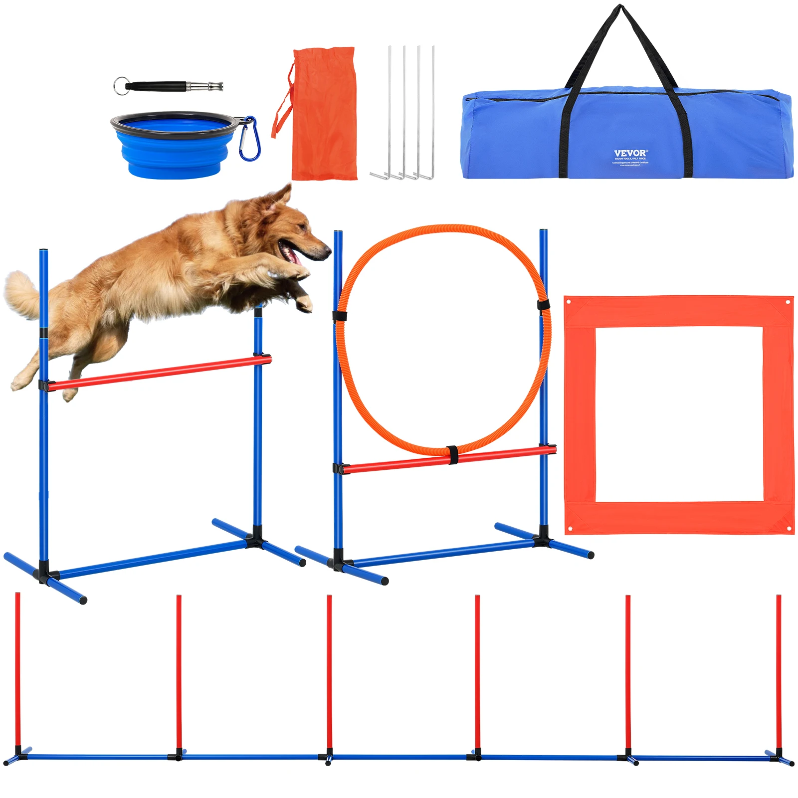 

VEVOR Dog Agility Training Equipment 4 PCS Set with Adjustable High Hurdles 6 Weave PolesJump Ring Square Pause Box Whistle