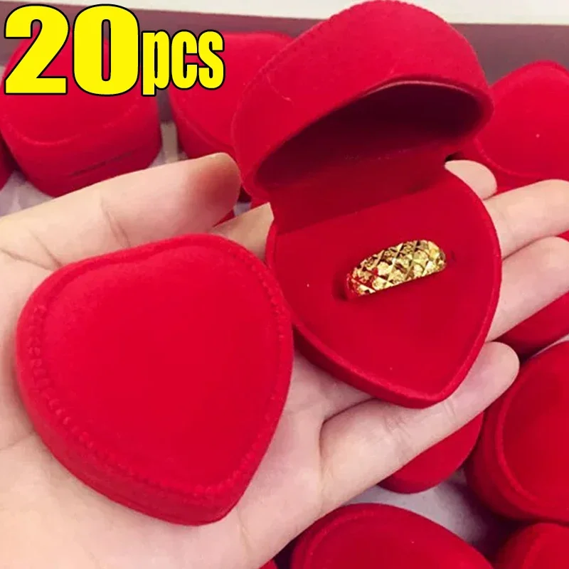 1/20pcs Flocking Red Heart Shape Ring Boxes Wedding Rings Romantic Valentine Day Gifts Charms Jewelry Display Cases Wholesale