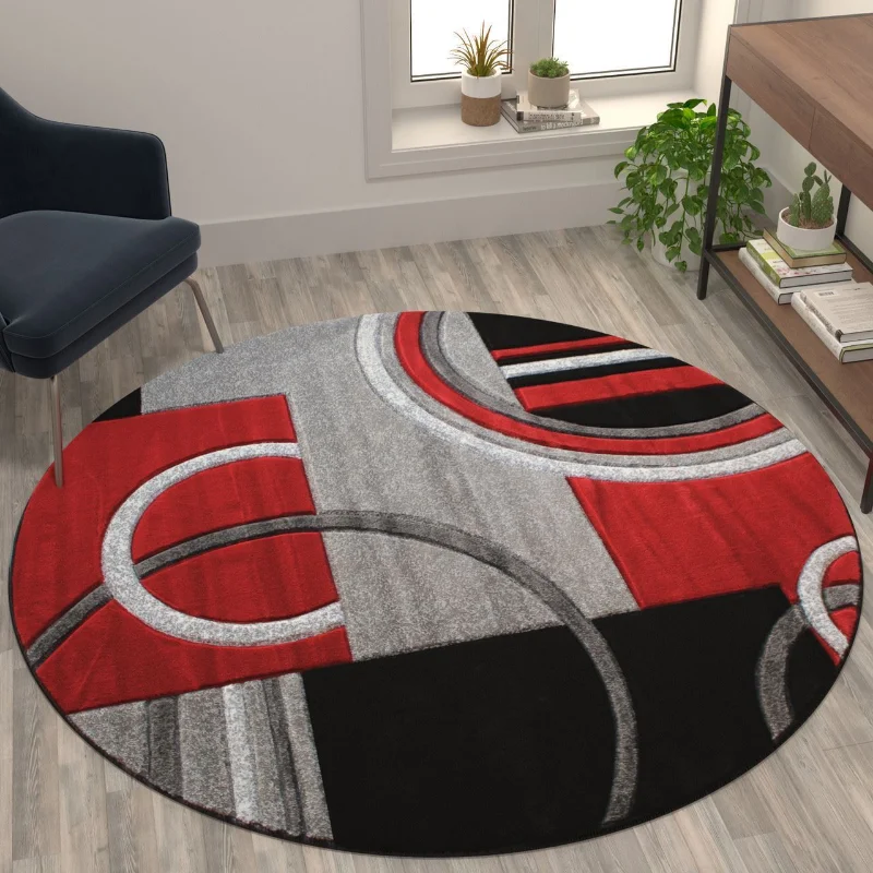 

Living Room Carpet Round 5'x5' Red Abstract Area Rug - Olefin Rug with Jute Back Home Decor Bedroom Rugs