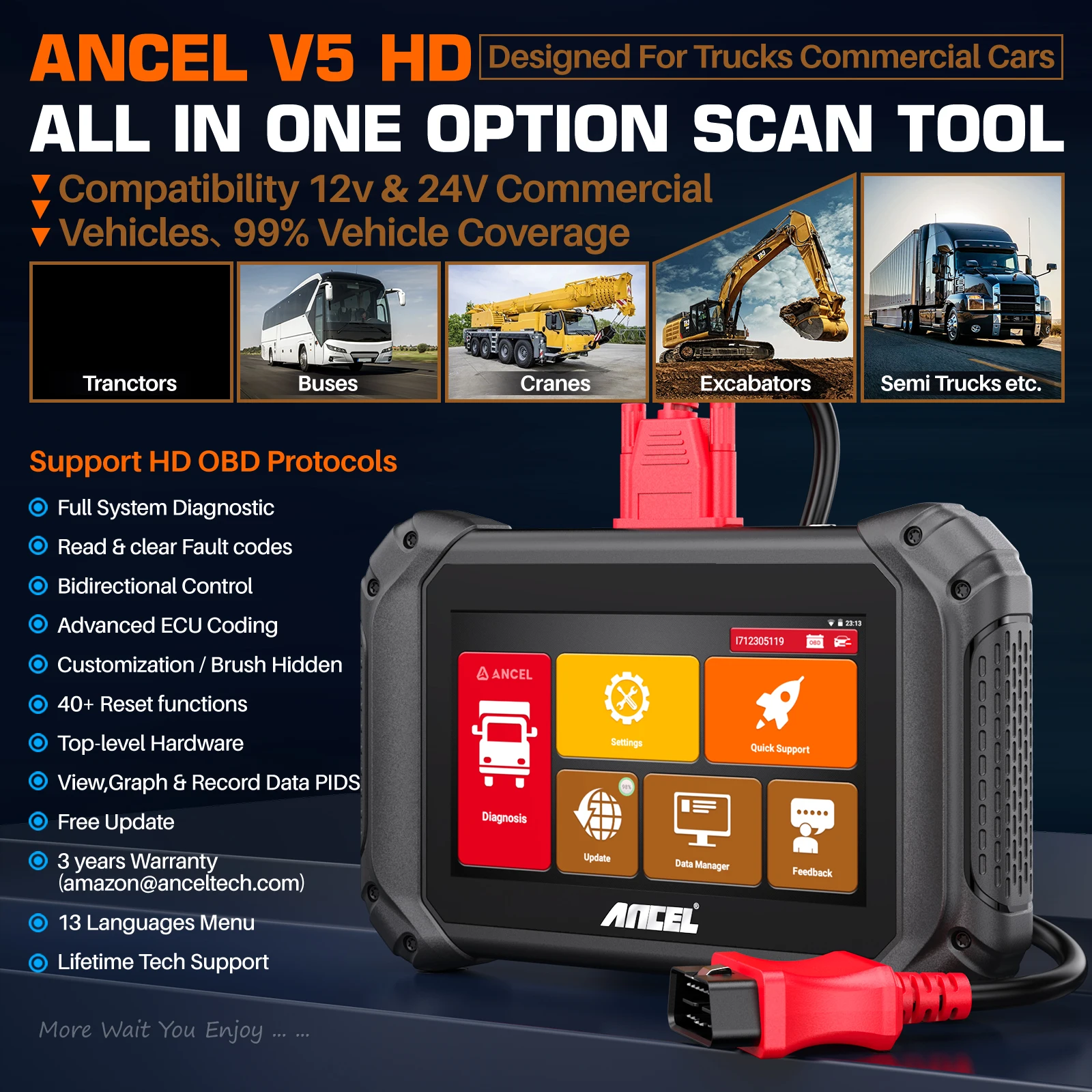 2025 Ancel V5 HD D iesel الثقيلة D uty شاحنة ماسح ضوئي تشخيصي نموذج حديث نظام كامل ثنائي الاتجاه 40 + إعادة تعيين 12 فولت 24 فولت #6