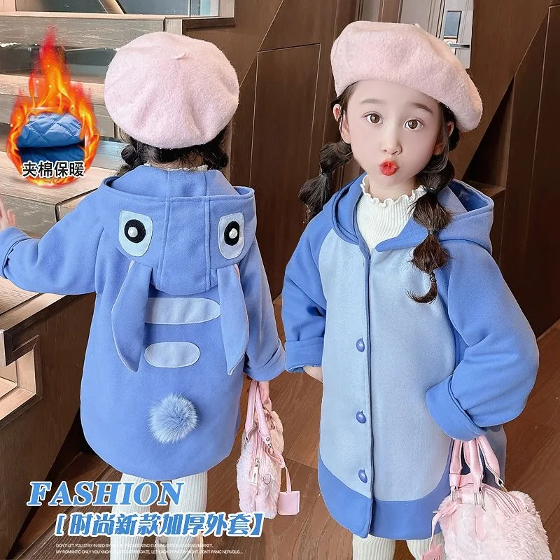 Disney Stitch kawaii overcoat for girls Autumn Winter Rabbit ears Hooded Thickened outer garment kids fashion Jacket gift