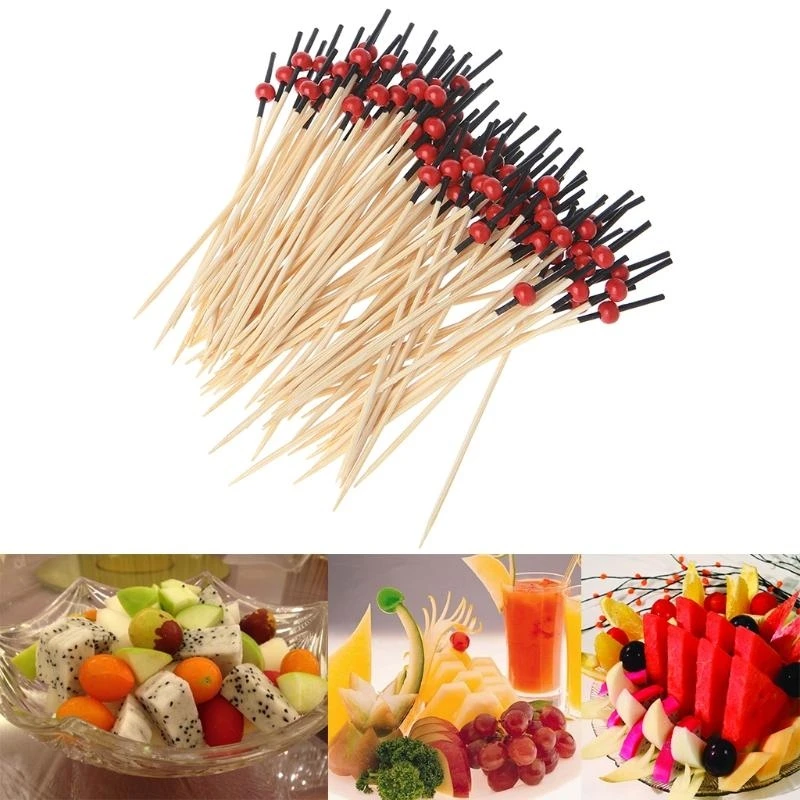 

100pcs Beads Bamboo Cocktail Picks Food Sticks Disposable Toothpicks Party Club best sale