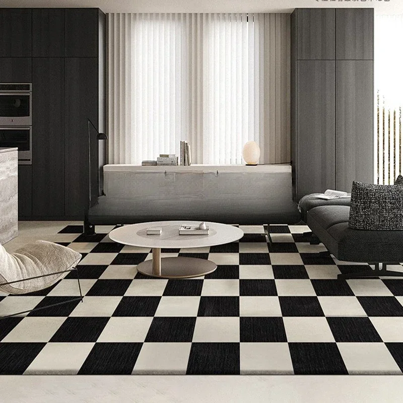 

Modern black and white square carpet, Nordic style, American style, luxurious living room, coffee table, cushion, study room